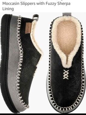 Men's Black & Gray Moccasin Slippers with Sherpa Lining.  NWT in Original Box.